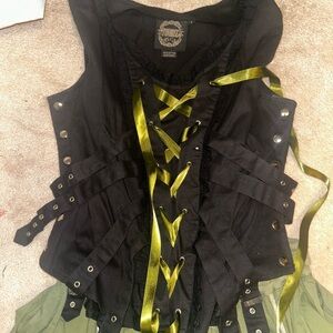 Black Corset Top with Green Ribbon